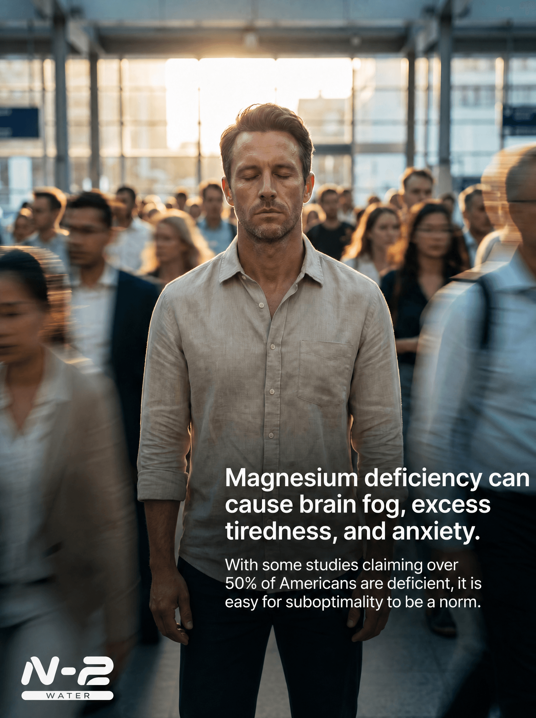 Man standing still in a rushing crowd — illustrating the effects of magnesium deficiency